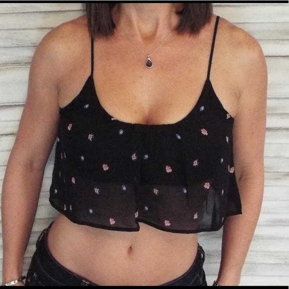 💚LAST 1 Floral Chiffon Ruffle Crop W/Bra Top 0317 - Picture 1 of 5